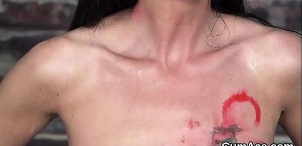  Kinky bombshell gets jizz shot on her face eating all the spunk